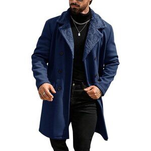 Men's Navy Trench Coat Double Breasted Notched Collar Fleece Jacket Slim